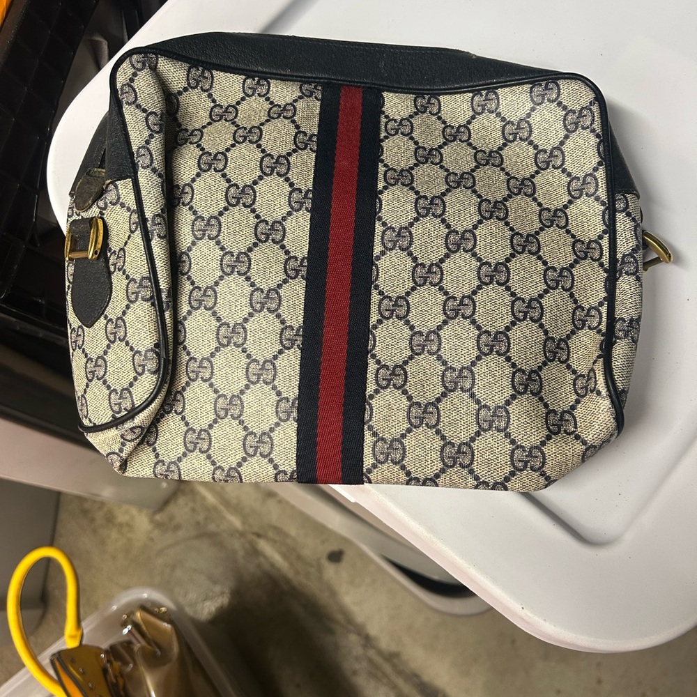 Gucci Beige and Black Monogram Bag with Red Accent